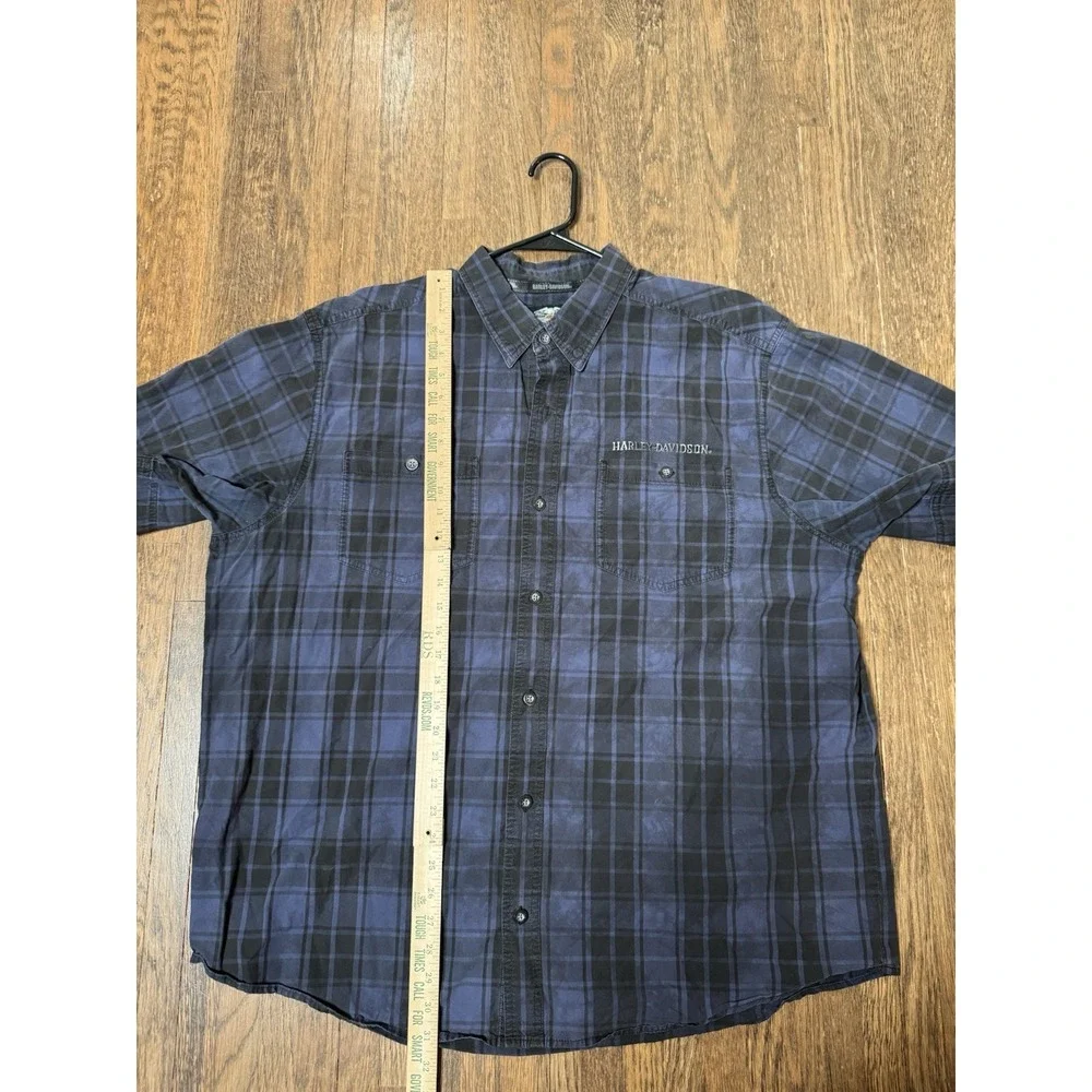 Harley Davidson Mens 2XL Blue Black Plaid Short Sleeve Button Up Shirt Biker - Picture 3 of 6